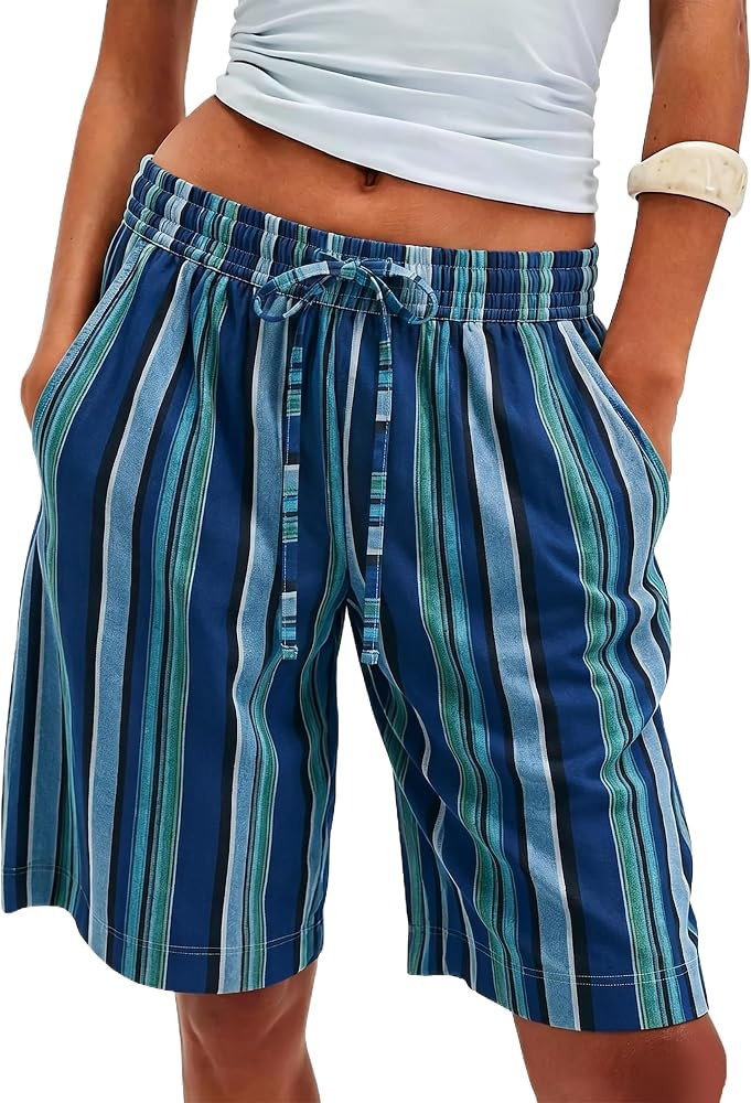 MISSACTIVER Women Stripe Bermuda Shorts Knee-Length Drawstring Elastic Waist Wide Leg Baggy Short... | Amazon (US)