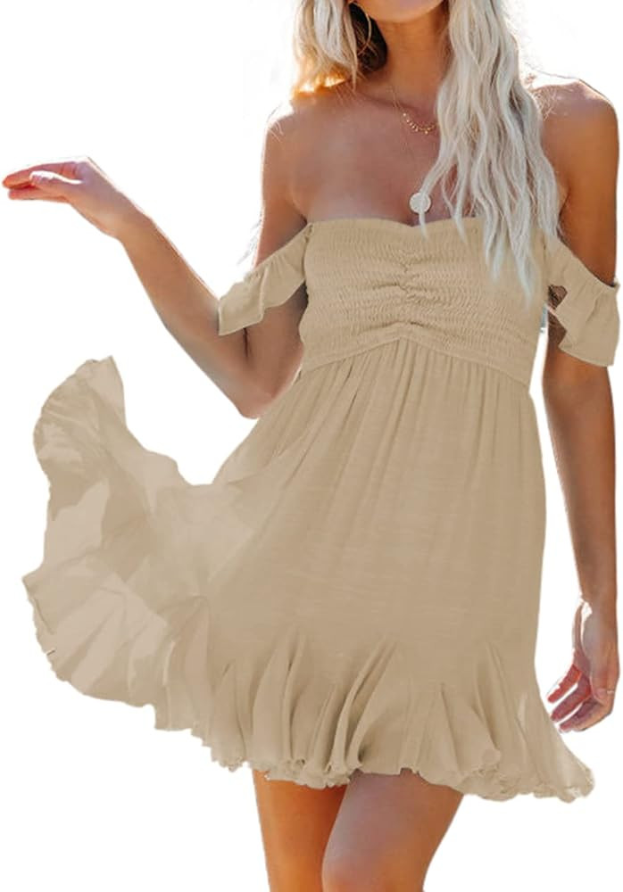 AVIVATINO Womens Summer Mini Dress Smocked Off Shoulder Sweethear Neck Elastic Straps Ruffle Hem ... | Amazon (US)