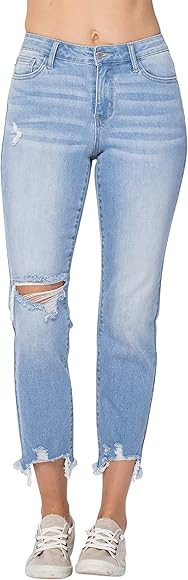Judy Blue Women's Mid Rise Destroyed Hem Boyfriend Jeans | Amazon (US)