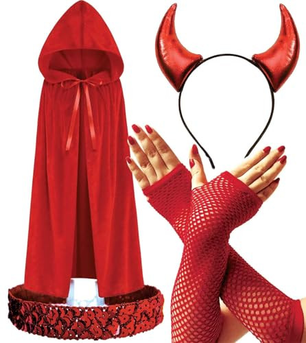 Devil Costume Set Adult Women Red Devils Horns Headband, Red Riding Hood Devil Hooded Cape Lace Fishnet Arm Sleeves, Sequin Choker Necklace Demon Accessories for Halloween Party Cosplay Costumes | Amazon (US)