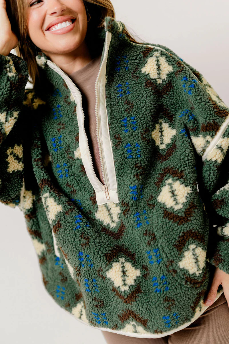 Silas Geometric Print Sherpa Fleece Half-Zip Pullover Jacket in Olive | Worth Collective