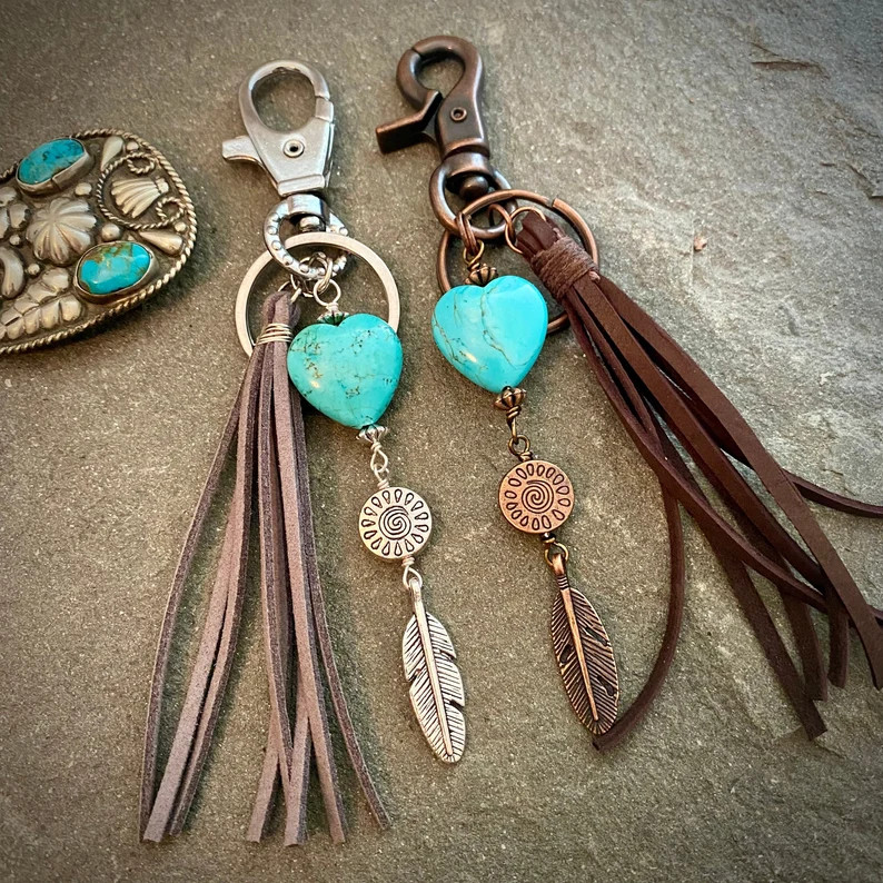 Turquoise Heart Purse Charm, Southwestern Leather Tassel Purse Charm, Heart Keychain, Backpack Ch... | Etsy (US)