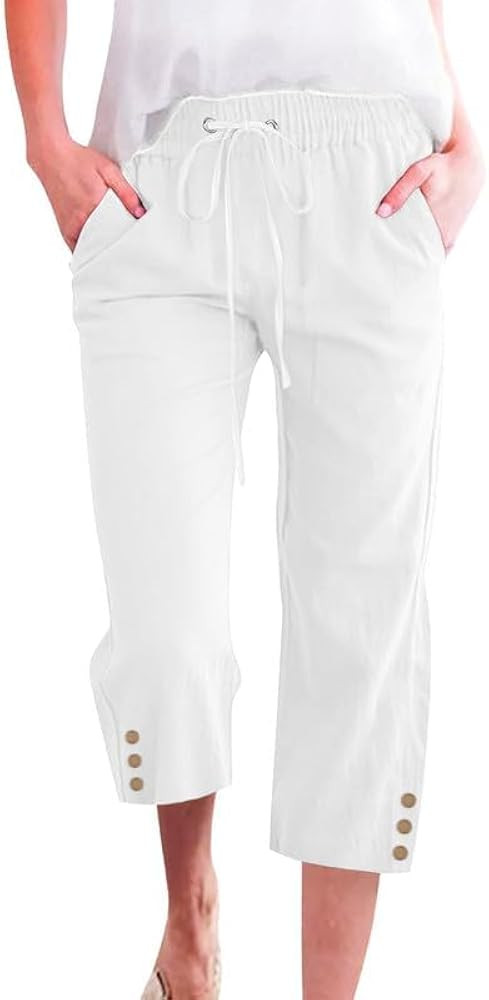 WROLEM Womens Capris Pants High Waist Drawstring Comfy Casual Lightweight Loose Trousers Buttons ... | Amazon (US)