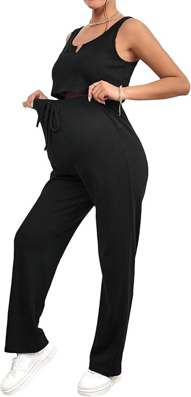 OYOANGLE Women's Maternity 2 Piece Pajamas Set Rib Knit Sleeveless Crop Tank Top and Drawstring W... | Amazon (US)