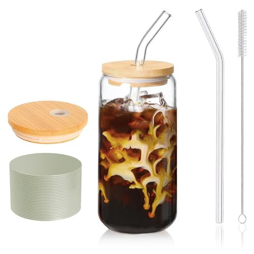 DAMCONME Glass Cups with Lid and Straw,Glass Coffee Cups,Smoothie Cup,Beer Glasses,Mason Jar Cups,Juice Glasses,Matcha Cup,Aesthetic Cup,16 OZ Glass Bamboo Cup with Straw,1 Brush-Avocado | Amazon (US)