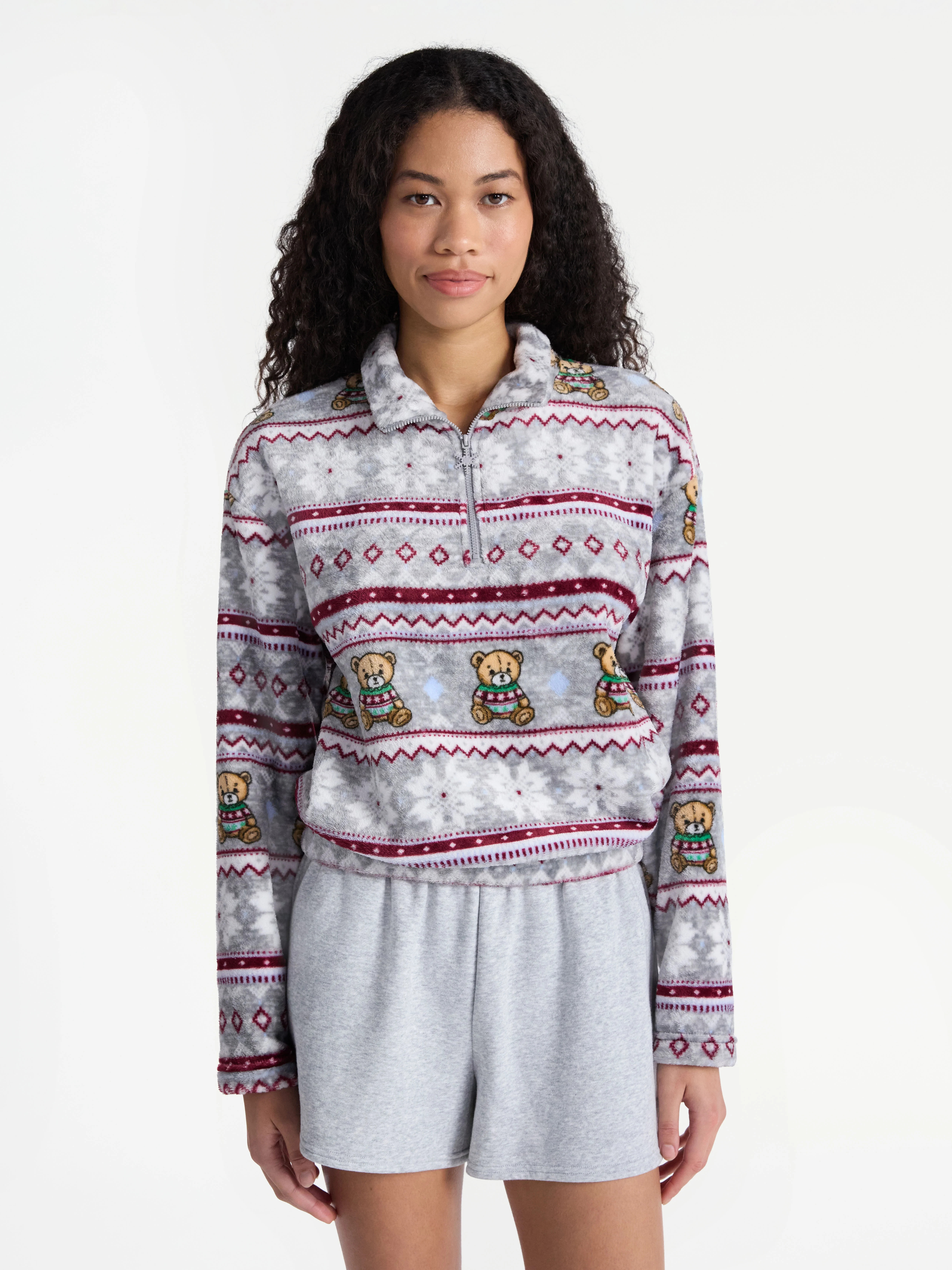 No Boundaries Christmas Quarter Zip Mock Neck Plush Top with Long Sleeves, Women's | Walmart (US)