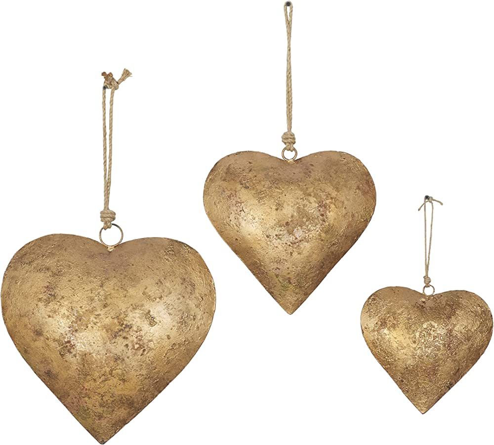 Deco 79 Metal Heart Decorative Bell with Hanging Rope, Set of 3 20", 17", 12"H, Gold | Amazon (US)