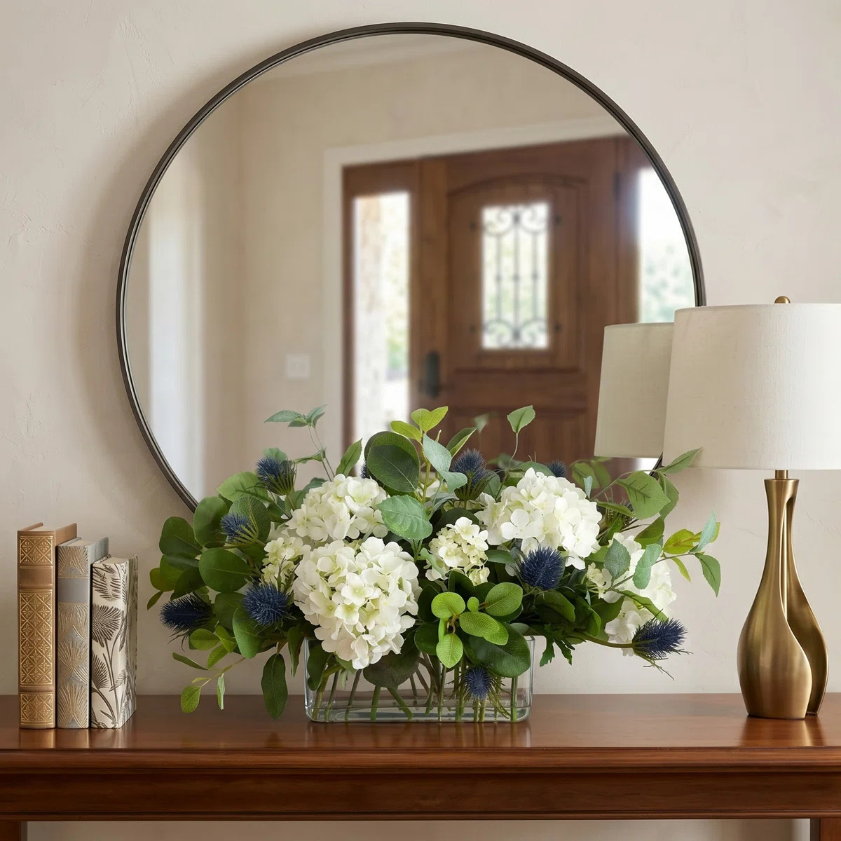 Hydrangea and Thistle Floral Arrangement in a Rectangular Glass Vase | Wayfair North America