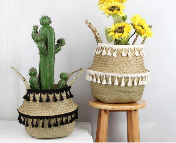 Seagrass Woven Vintage Boho Basket or Pot or Vase With Handles | Etsy | Etsy (US)