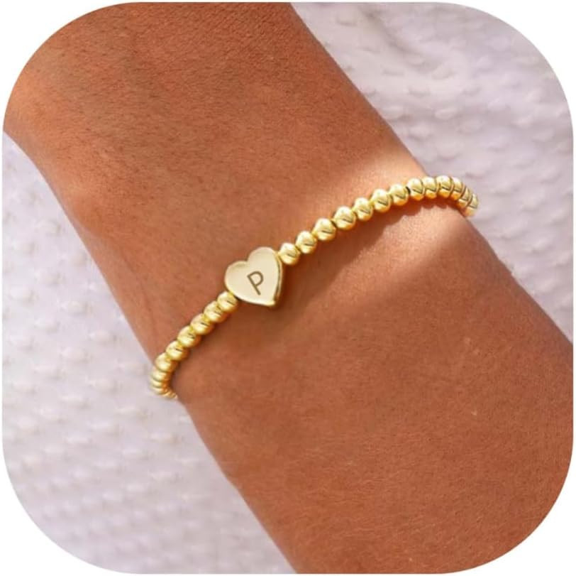 Beaded Bracelets for Women 14K Gold Silver Plated Beaded Bracelets Dainty Heart Initial Letter A-Z Charm Stretch Bead Ball Bracelet Trendy Jewelry Gifts | Amazon (US)