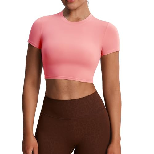 Aoxjox Short Sleeve Crop Tops for Women Classic Longline Baby Tee Workout T Shirt Top (Salmon Rose, X-Large) | Amazon (US)
