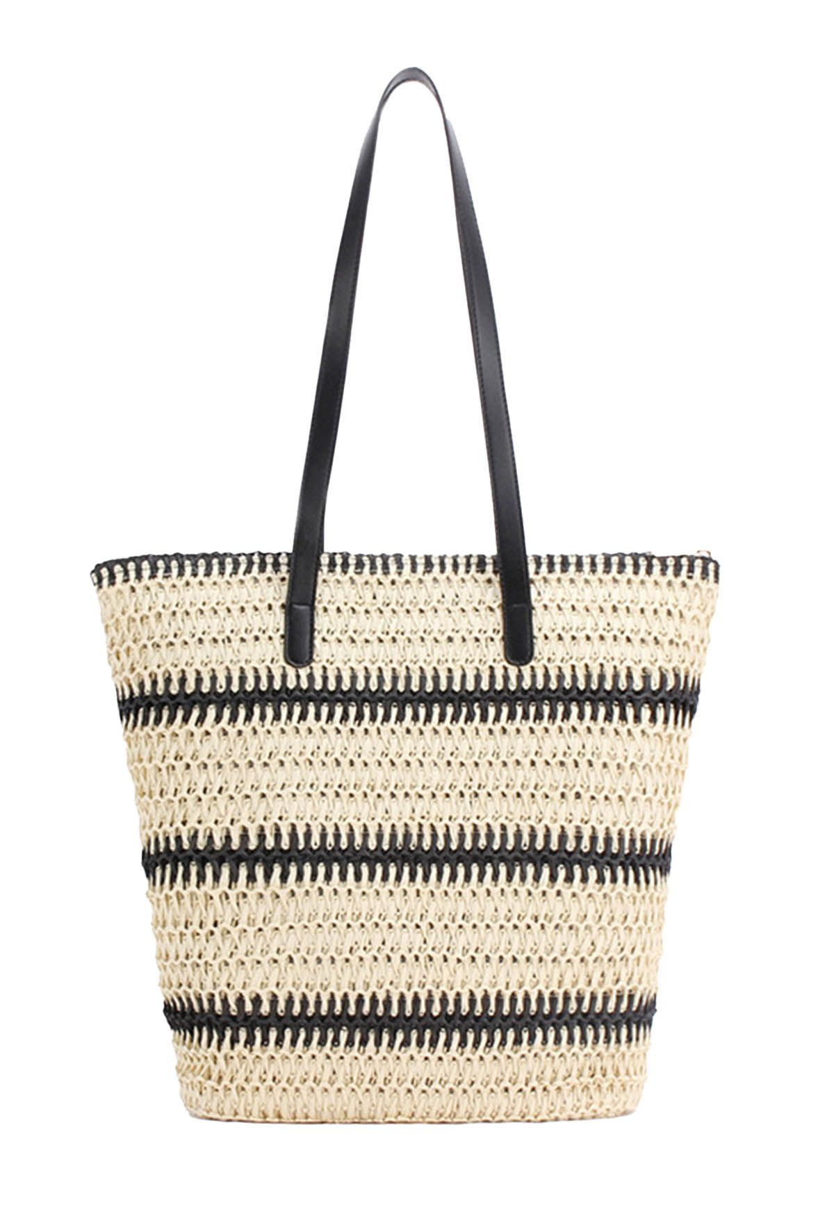 Black Stripe Handmade Woven Straw Bag | Chicwish