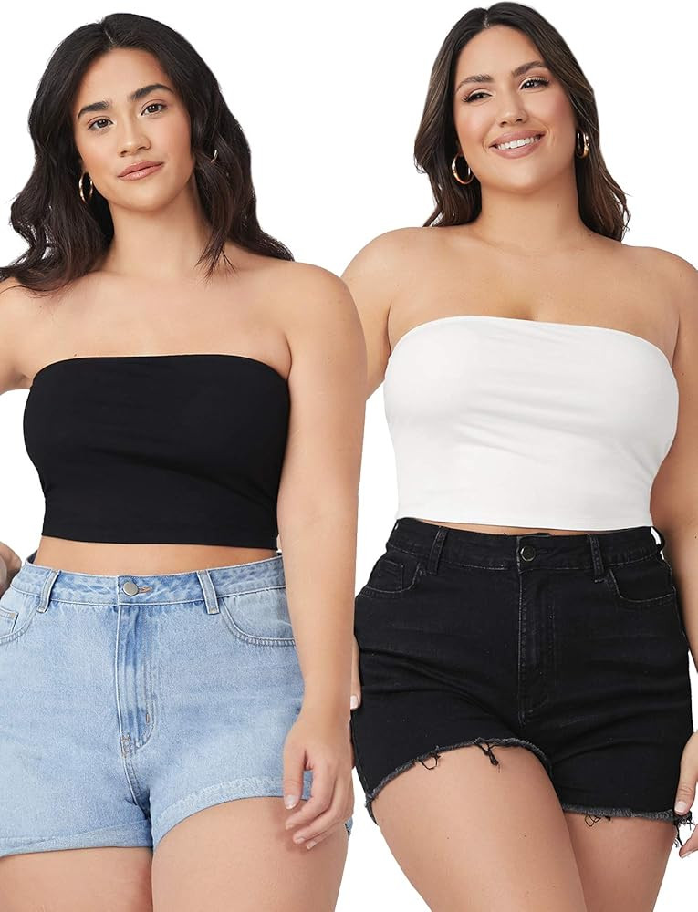 Women's Plus Size 2 Piece Solid Strapless Bandeau Crop Tube Top | Amazon (US)