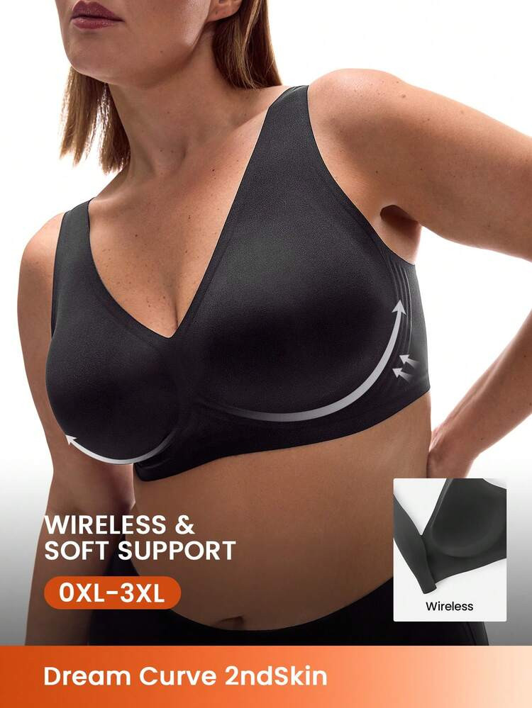 Plus Dream Curve 2ndSkin Wireless Seamless Black Plunge Lounge Sticky Basic SizeFreedom Bra No Show Underwear Comfortable Must-Haves Also Suitable For Teen Girl & Young & Kid | SHEIN