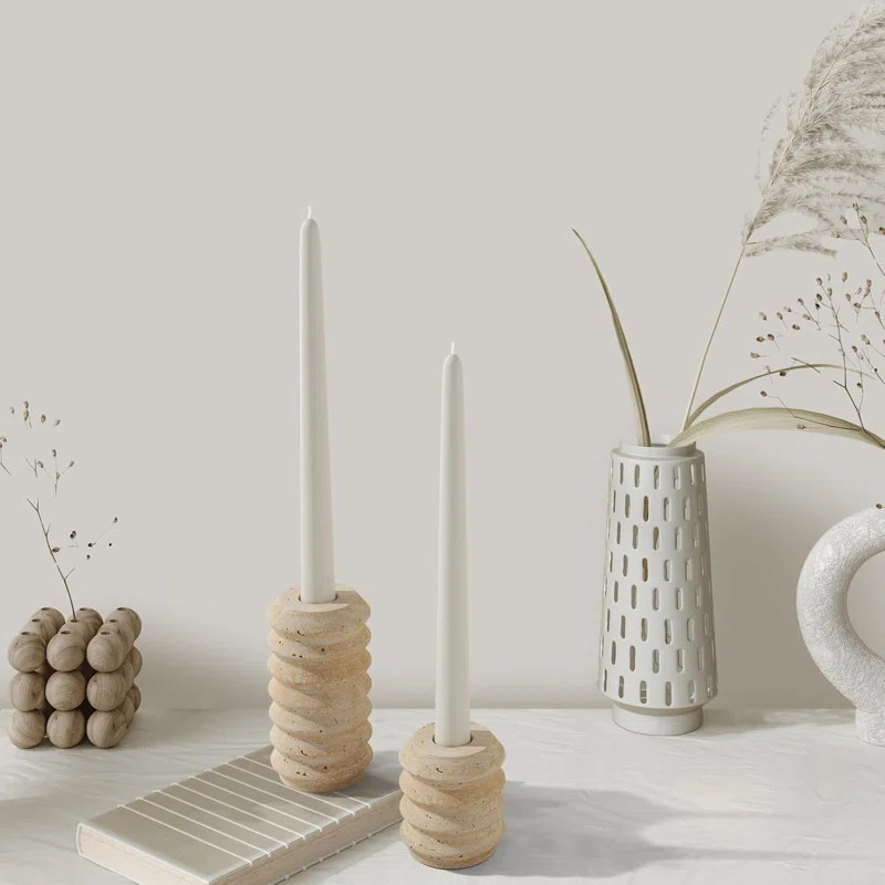 Dakota Fields Candle Holders Italy True Natural Travertine Stone 0.4" Thick Set Of 2 Marble Candl... | Wayfair North America