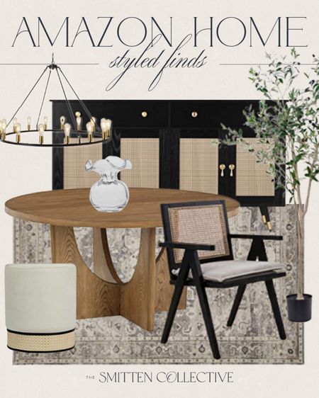 Amazon dining decor includes round dining table, cane back dining chair, faux tree, sideboard, wagon wheel chandelier, ottoman, area rug, glass vase

Home decor, modern vintage decor, styled finds, styled dining room

#LTKstyletip #LTKFind #LTKhome