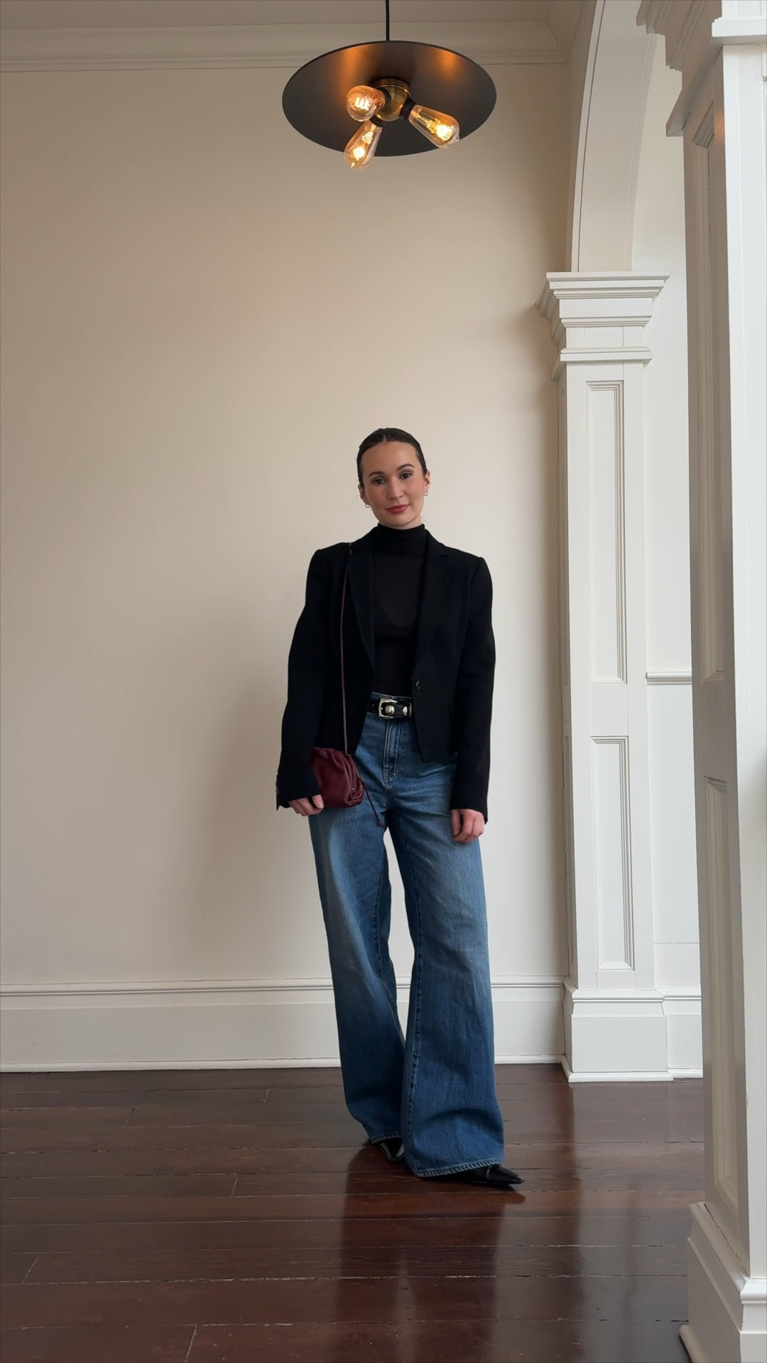 casual refined winter outfit - cozy wool turtleneck, wide leg jeans, fitted blazer, slim boots and studded belt 

#LTKSeasonal #LTKstyletip #LTKsalealert