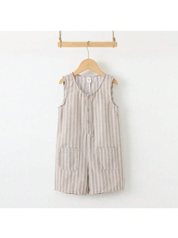 Young Boys Khaki Casual Striped Woven Fabric Pockets Loose Overall Jumpsuit For Trips & Holidays | SHEIN