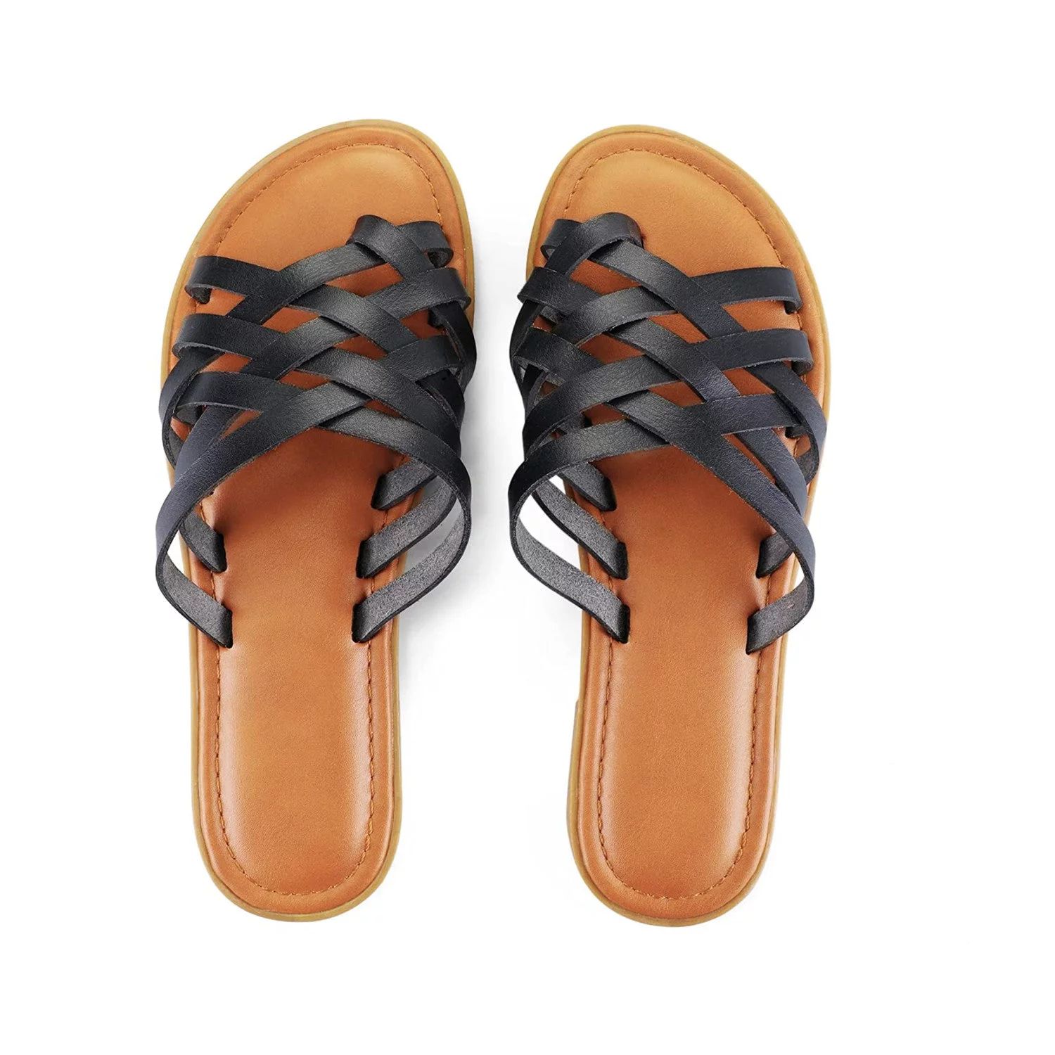 Mysoft Women Strappy Slippers Summer Black Flat Sandals Size 6 - Walmart.com | Walmart (US)