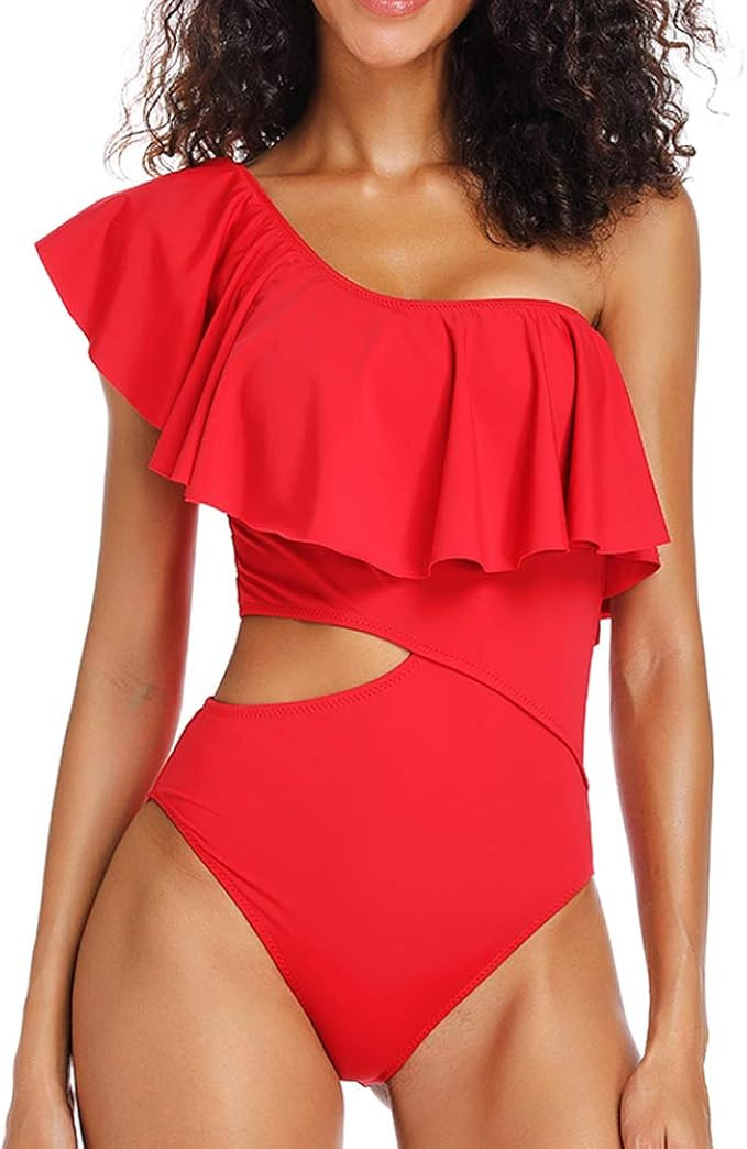 Dixperfect Women's Cutout Ruffled One Shoulder One Piece Swimsuit Bathing Suit Monokini Padded | Amazon (US)