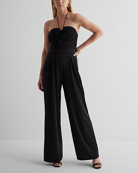 Halter Neck Rosette Wide Leg Jumpsuit | Express