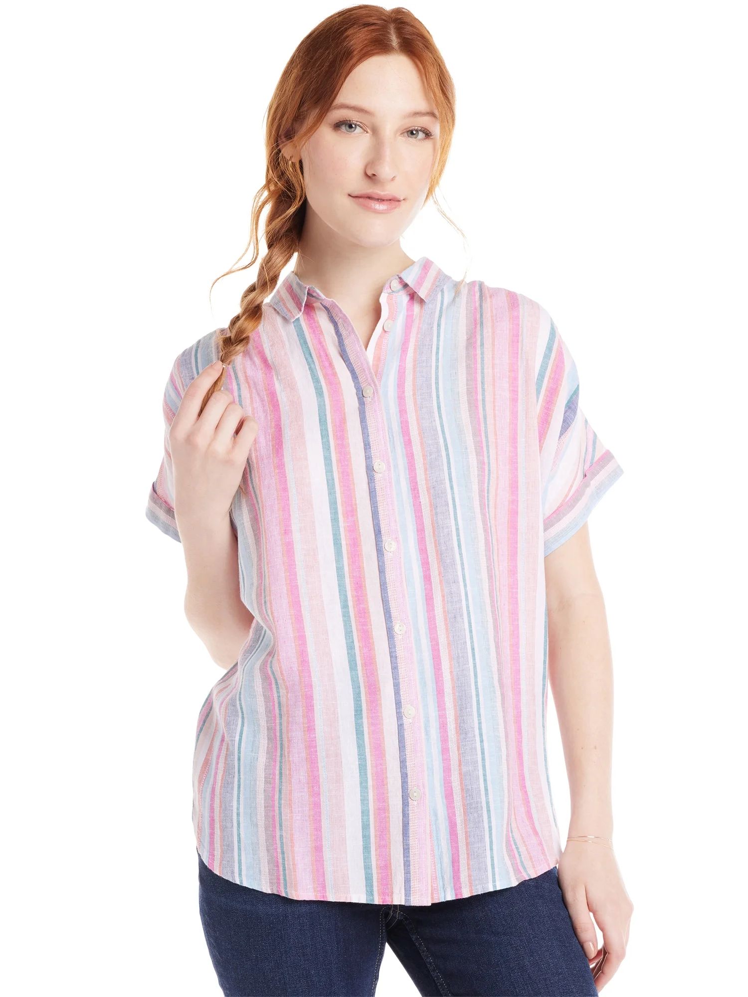 Time and Tru Women's Linen Blend Shirt with Roll Cuff Sleeves, Sizes S-XXXL | Walmart (US)