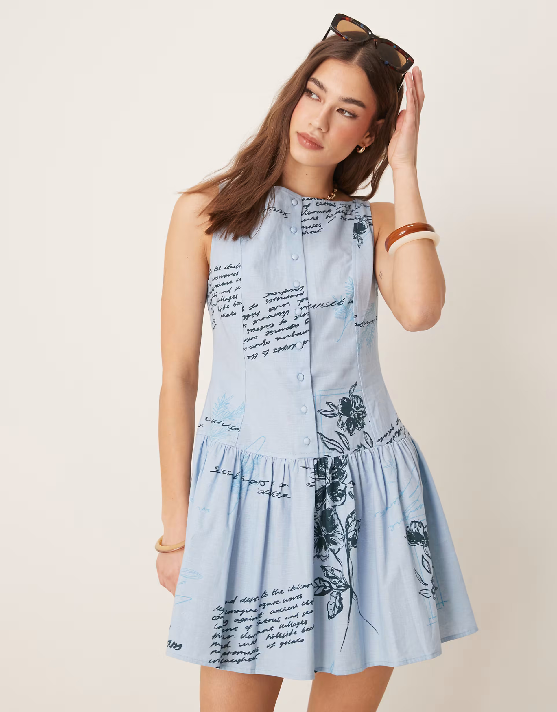 ASOS DESIGN slash neck button down dropped waist mini dress in blue floral print | ASOS | ASOS (Global)
