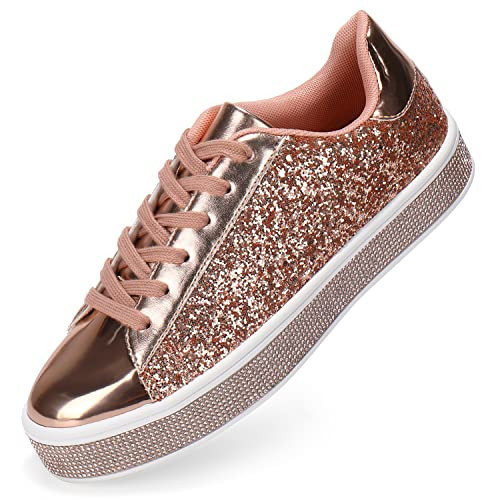 Womens Glitter Fashion Wedding Sneakers Dressy Sparkly Twinkle Sneakers Rhinestone Bling Shoes for Women Rosegold Size 10 | Amazon (US)