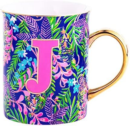 Lilly Pulitzer Initial Ceramic Coffee Mug, 14 Oz Tea Cup, Cute Mug with Gold Handle and Gift Box,... | Amazon (US)