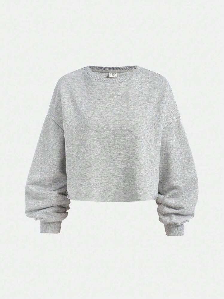 SHEIN Girlism Teen Girl Knitted Cropped Long Sleeve Sweatshirt, Light Gray Collegiate Minimalist Casual Style Crew Neck,In Fall/Winter | SHEIN