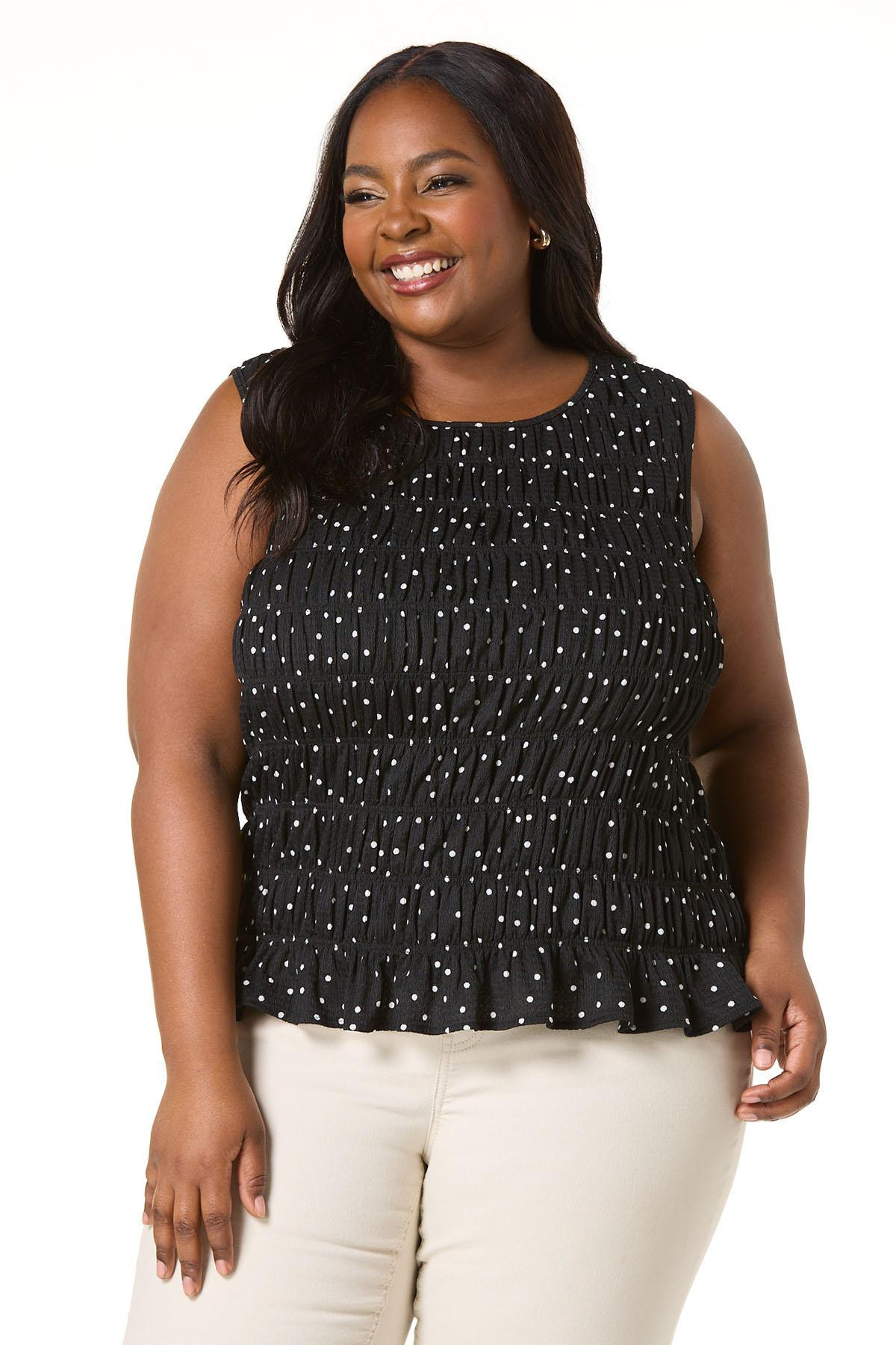 Plus Size Polka Dot Smocked Tank - Black | Cato Fashions