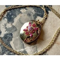 Vintage Pendant Necklace Gold Tone Metal Locket With Pink Rhinestone & Tiny Rose Jewelry | Etsy (US)