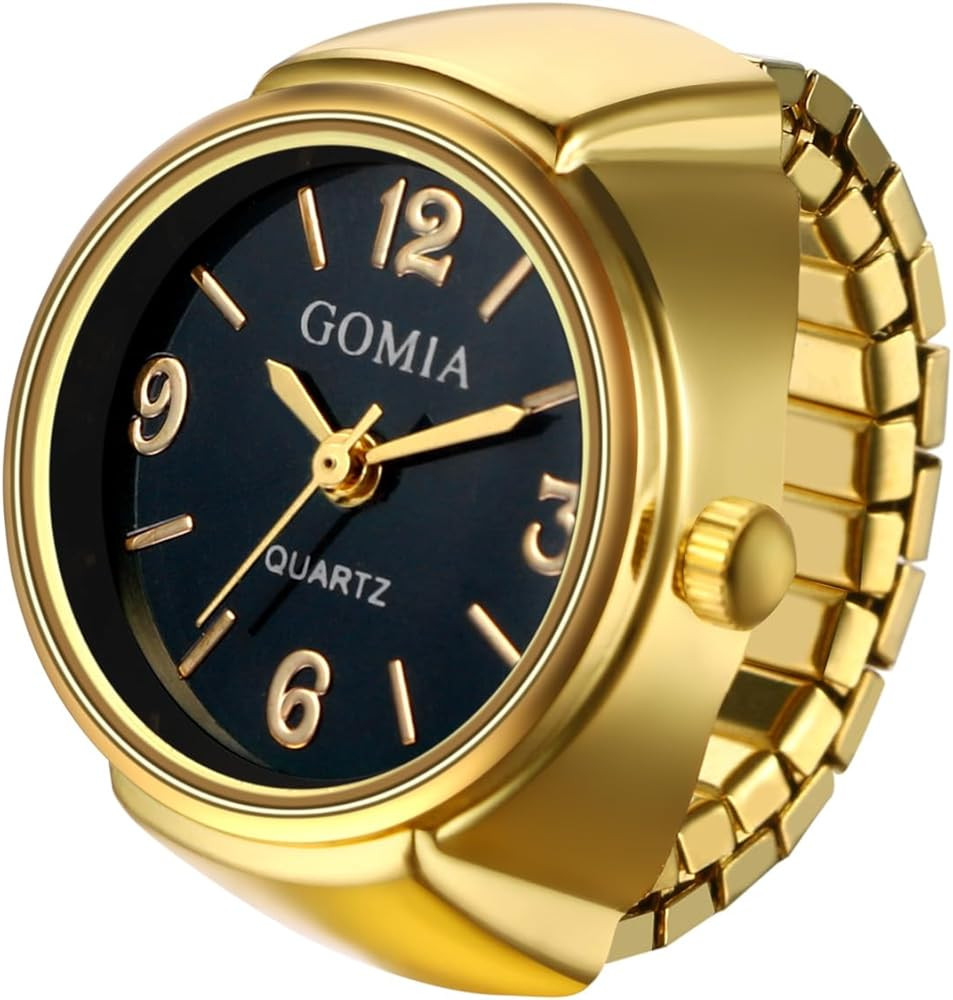 JewelryWe Unisex Finger Ring Watch: Retro Gold Stretchy Elastic Band Men Ladies Round Black Dial ... | Amazon (US)