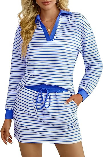 Women's 2 Piece Outfits Striped Polo Sweatshirt Skirt Sets Long Sleeve Workout Skorts Set with Po... | Amazon (US)