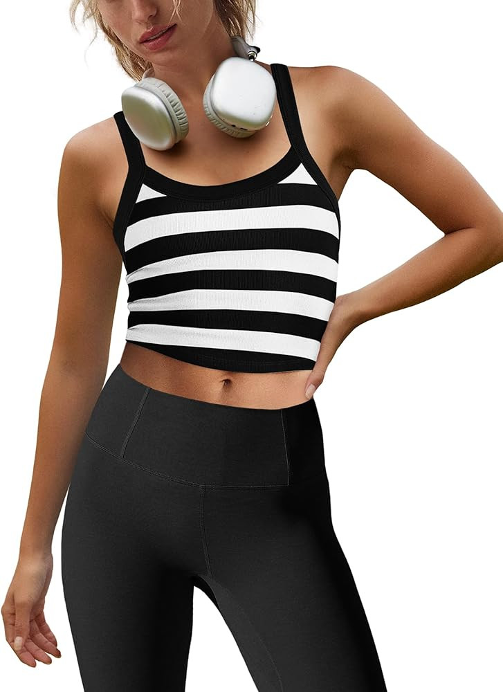 LAMISSCHE Cropped Tank Tops for Women Striped Spaghetti Strap Tank Top Workout Running Sports Bra... | Amazon (US)