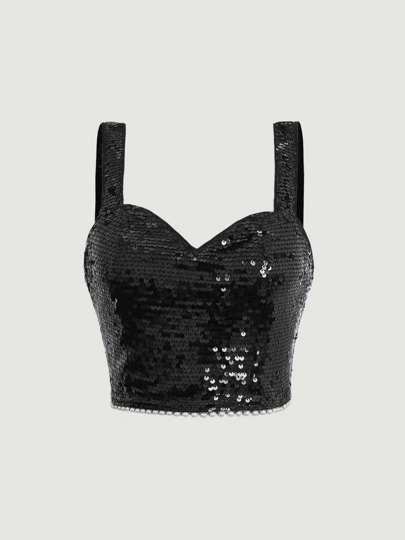 SHEIN MOD Tops Lantejoula de contraste Colheita Ampla Alça | SHEIN