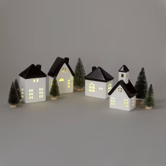 10pc Battery Operated Decorative Ceramic Village Kit White/Black with Green Trees - Wondershop™ | Target