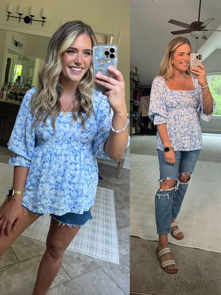 Cutest blue and white floral blouse. So flattering. 10/10. TTS - M ⭐️

Everyday top mom tummy doesn’t cling post partum lol pooch size 8 midsize flattering top. Work top work blouse casual everyday outfit denim shorts mom jeans 5” inseam shorts 4” inseam denim shorts 


#LTKFind #LTKunder50 #LTKstyletip