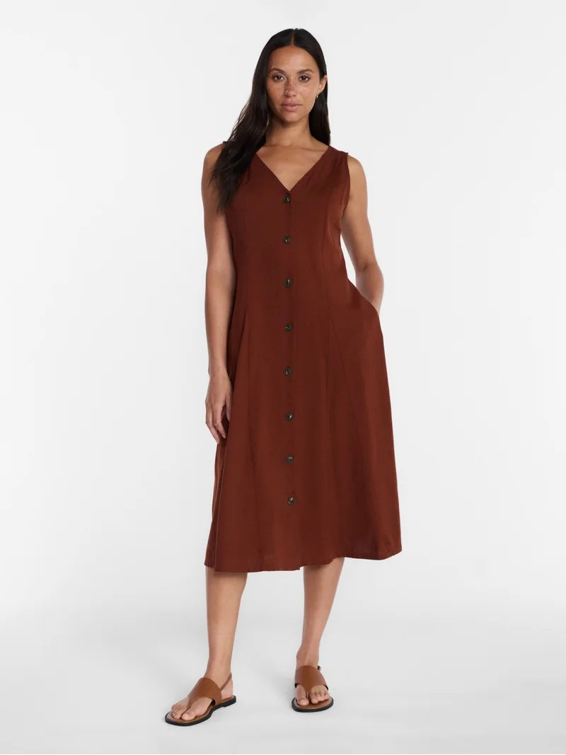 Time and Tru Women's Sleeveless Button Down Linen Blend Dress, Sizes XS-XXXL | Walmart (US)