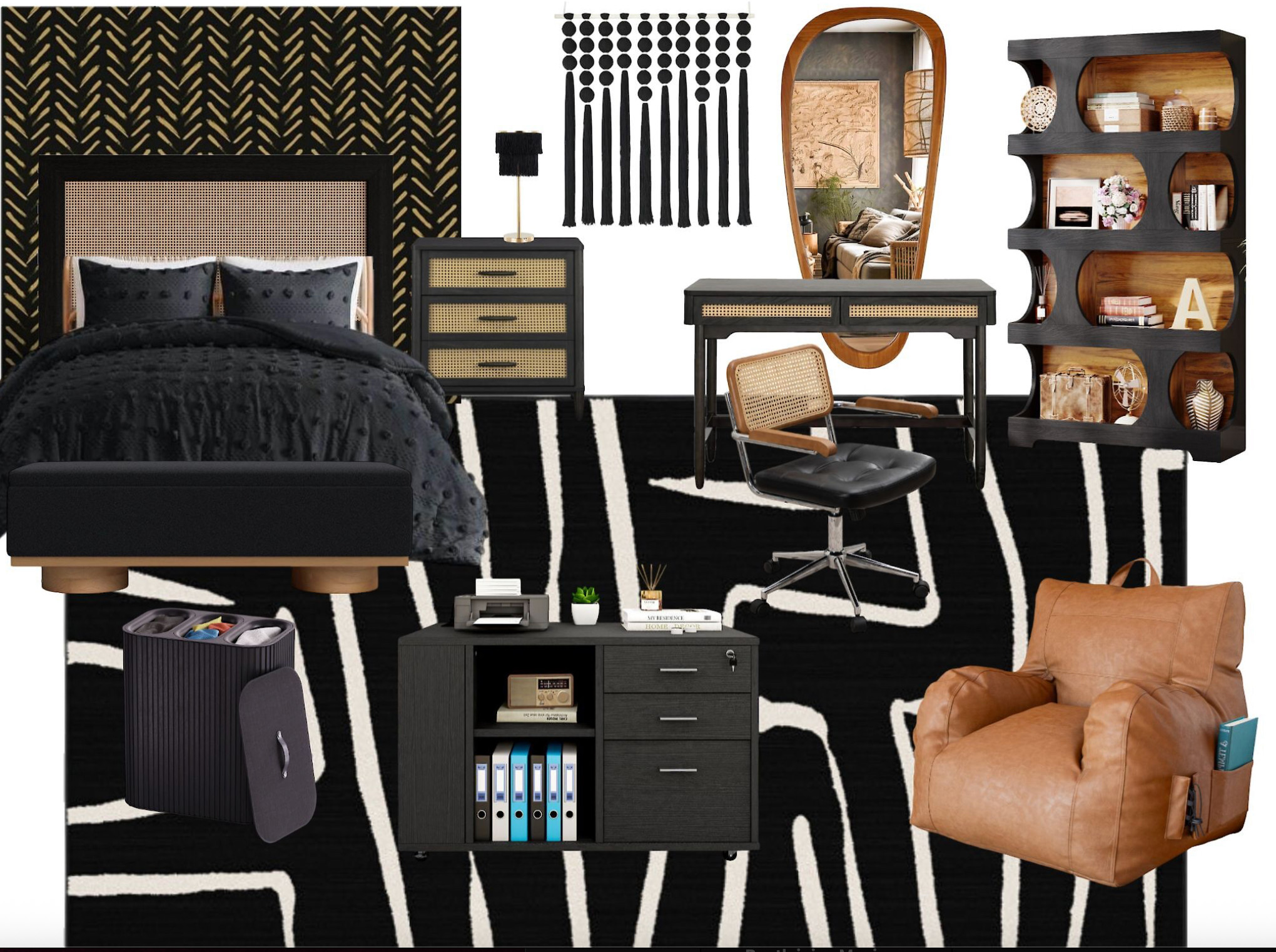 This setup is for the go-getter with an eye for design and a calendar full of plans. She’s working full-time on her dreams and part-time at the student union. Deep black tones, woven cane textures, rich leathers — it’s giving executive energy with an artistic edge. Whether you’re clocking in at your dorm desk, hopping on Zoom, or organizing your side hustle, this room sets the tone: sharp, focused, and fly.

Pro Tip: Hide clutter with smart storage (hello, locking file drawer), but keep a chair that’s comfy enough to pivot from studying to streaming.

#dormdecor #collegeaesthetic #rheaalignedstyle #LTKfinds #backtoschoolprep #smallspacesolutions 

 