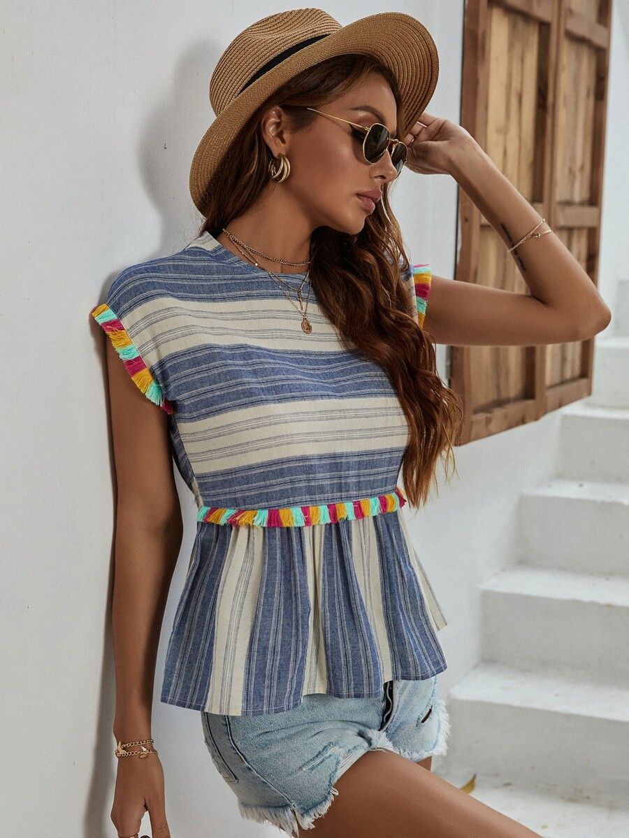 Striped Fringe Trim Peplum Blouse | SHEIN