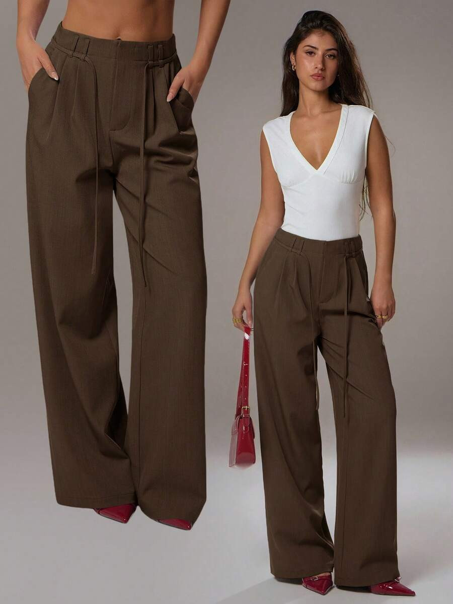 Avantive Espresso Brown Winter Elegant Office Women Wide Leg Pants,High Waisted Straight Leg Chic Brown Pants,Business Casual Spring & Summer | SHEIN