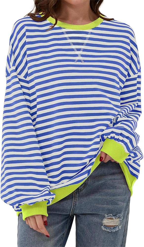 AlvaQ Womens Oversized Sweatshirt 2024 Casual Crewneck Long Sleeve Colorblock Striped Pullover Tu... | Amazon (US)