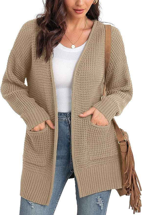 IWOLLENCE Women's Waffle Knit Cardigan Long Sleeve Open Front Sweater with Pockets | Amazon (US)