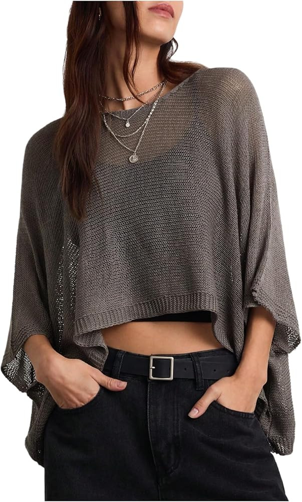 SOLY HUX Women's Oversized Knit Crop Tops Summer Sheer Poncho Sweaters Beach Cover Up | Amazon (US)
