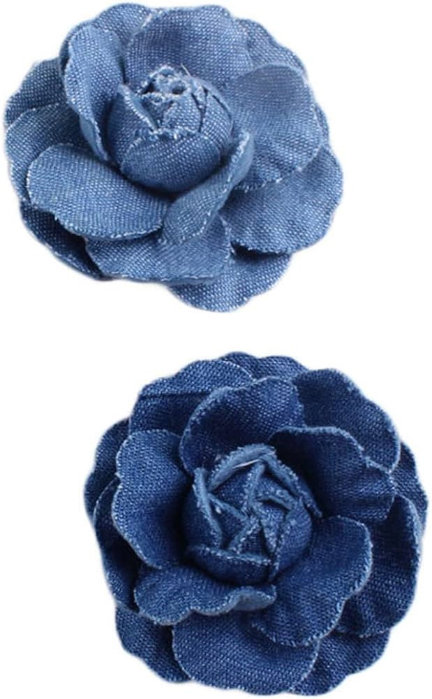 Denim Flower Brooch Blue Denim Flower Hair Clips Blue Jeans Flower Hair Pins BW21 (Set-A) | Amazon (US)