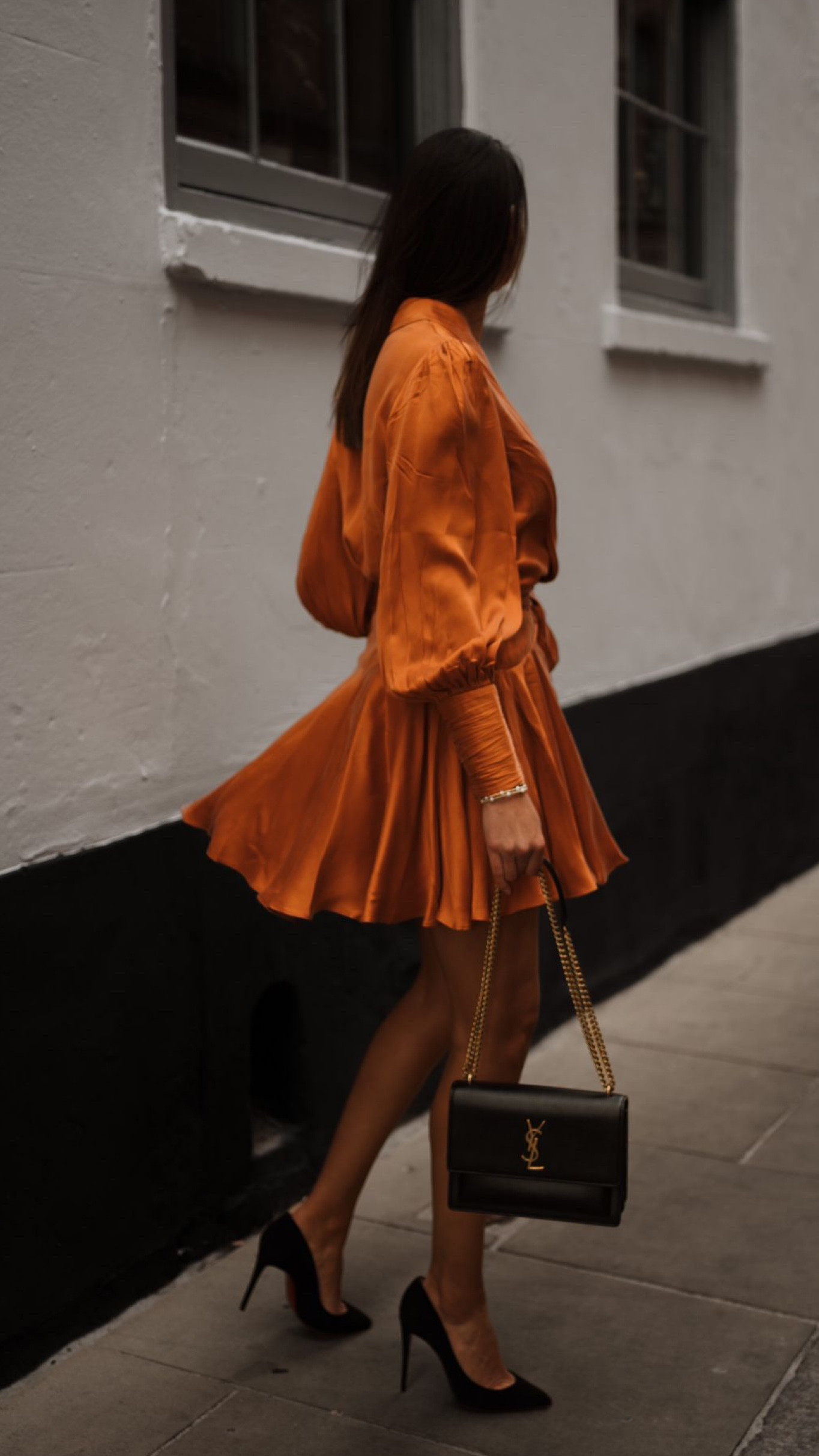 Ruffled silk- satin Mini Wrap Dress, ZIMMERMANN, Black Suede Pigalle Heels Louboutin, SSENSE, Net-a-porter, Sunset Medium Chain Bag in Coated Bark Leather, Saint Laurent

#LTKitbag #LTKstyletip #LTKeurope