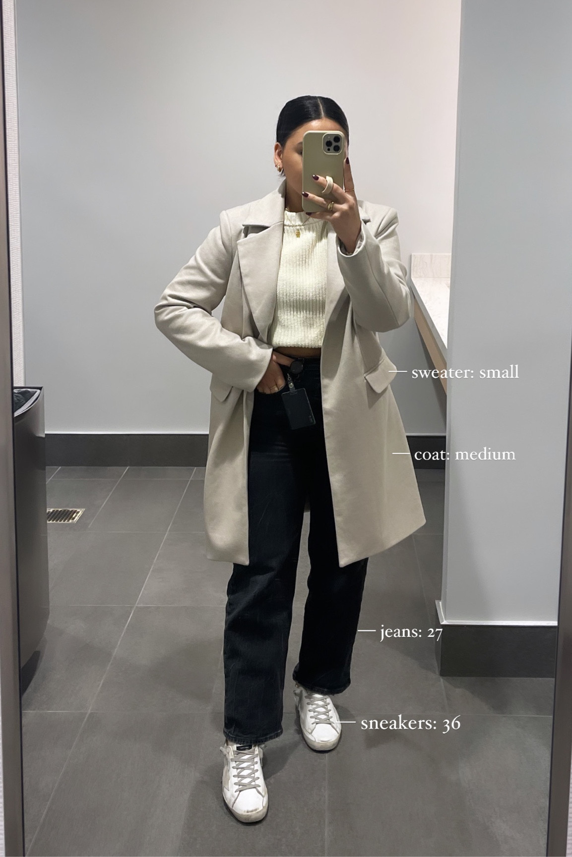 Business casual outfit idea 
Walmart Sweater: small
Amazon topCoat: medium 
Levi’s Jeans: 27 x 27
Golden goose sneakers: 36 

#LTKCyberWeek #LTKstyletip #LTKsalealert