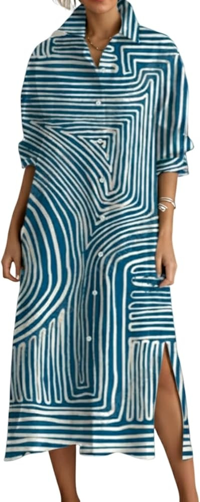 Womens Geometric Floral Front Button Down Maxi Dresses Spring Summer Casual High Lapel Neck Long ... | Amazon (US)