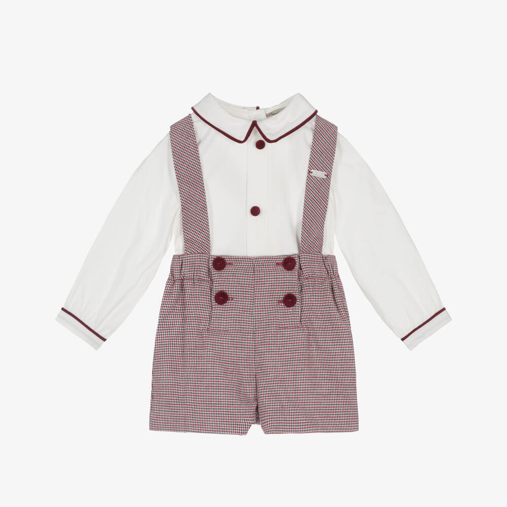 Boys Ivory Shirt & Burgundy Houndstooth Shorts Set | Childrensalon